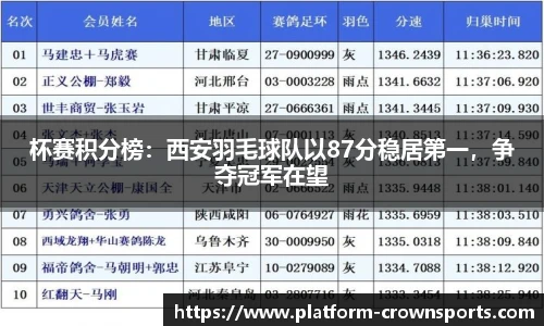 杯赛积分榜：西安羽毛球队以87分稳居第一，争夺冠军在望